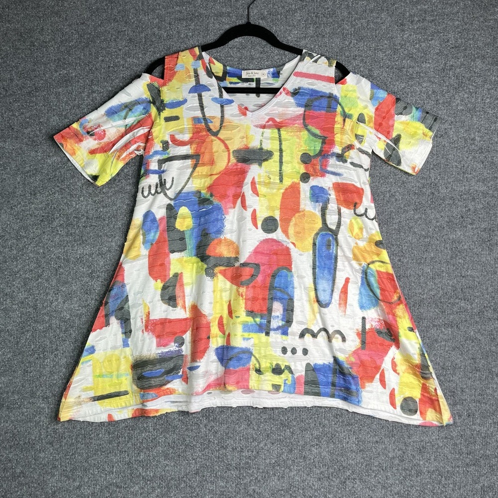 Jess & Jane Colorful Artistic Abstract Textured Cold‎ Shoulder Tunic Top Medium